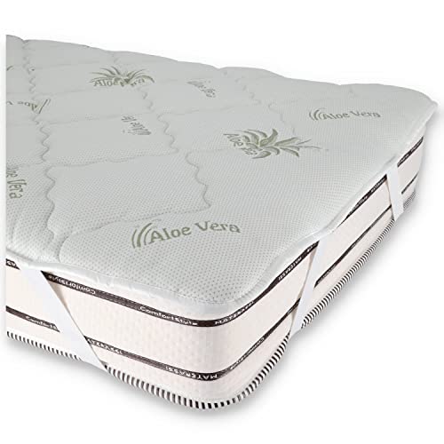CASA TESSILE - Topper Letto Matrimoniale Double Aloe Vera | Morbido e Traspirante | Imbottitura Poliestere | Fissaggio con Elastici | Lavabile in Lavatrice, Bianco, Singolo