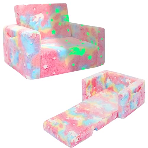SLIGUY Kids Couch, Fold Out Kids Sofa Chair, Toddler Convertible Sofa to Lounger Pull Out Couch, Glow in The Dark Sofa Chair for Boys and Girls (Pink Unicorn), MS-20230624