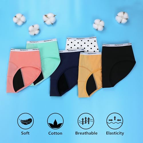 Image of Nalwort Teen Girls Period Underwear Menstrual Period Panties Leak-Proof Cotton Protective Briefs Pack of 6