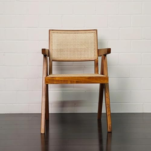Image of Solid Wooden Rattan Arm Chair | Cane Dining Chair for Living Room, Hall and Office (Set of 4) | Natural Finish | 50D x 50W x 90H Cm