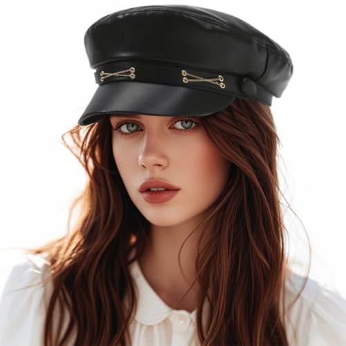 KUMSODE Damen Baskenmütze, PU, Frühling Herbst Winter, Schirmmütze, klassisch, einfarbig, französisch, Newsboy-Mütze, Kunstleder, für Damen, Schwarz