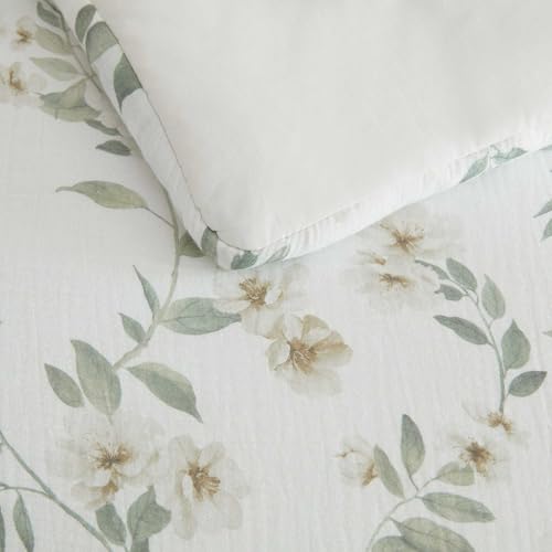 Image of Martha Stewart - King Comforter Set, Soft Cotton with Crisp & Tailored Naturally Smooth Cotton Percale Reverse, 3 Piece Bed Set with Matching Pillowcases (Hazel Floral Beige)