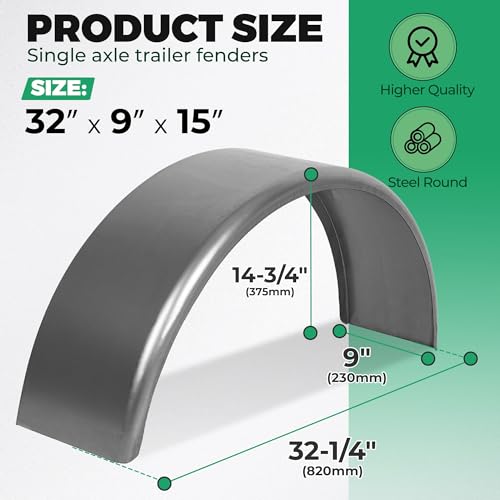 Image of HECASA Steel Round Single Axle Trailer Fender and Fender Back Fits | 14 inch to 16 inch Diameter Wheels - 32 inch x 9 inch x 15 inch