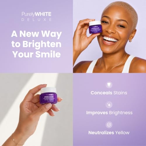 Image of PurelyWHITE DELUXE, Updated Design Simply Purple Brightening Powder - Conceals Stains, No Sensitivity - Enamel-Safe Toothpaste Whitening Powder for Coffee, Tea, Food, Wine, and Tobacco Stains.