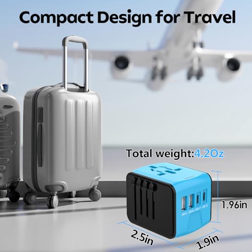 Image of JMFONE Universal Travel Adapter, 4 USB C /A Ports & 2500W AC Outlets, All-in-One International Power Plug Adapter for All USB Devices, Worldwide Travel Charger for Europe US UK AU 200+ Countries (Blue)