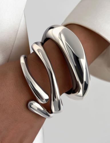 Image of Chunky Gold Bangle Bracelets for Women, Dainty 14k Gold Plated Big Stackable Bangles Set, Trendy Statement Cuff Bracelet Stack Fashion Jewelry Gifts