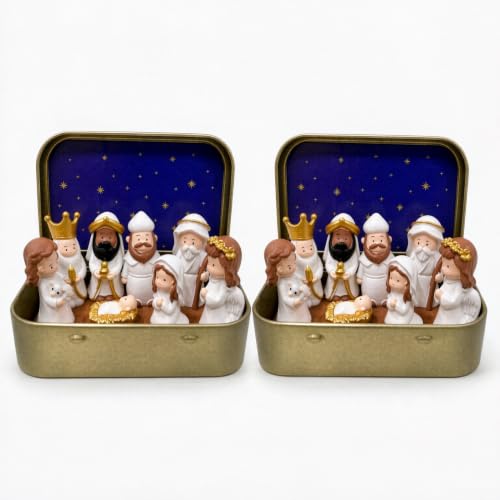 2PCS Mini Christmas Nativity Set, Holy Family Jesus Figurines in a Tin Box - image 1