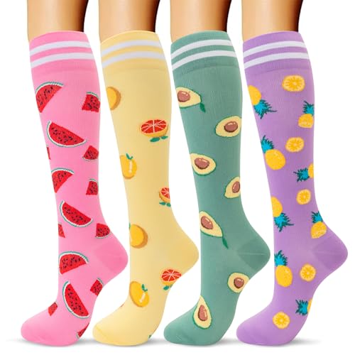 fenglaoda Compression Socks Women Men 4 Pairs, Knee High Support Socks for Running, Sports, Travel, Flight, Nurse