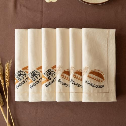 Image of Sourdough & Baguette Embroidered Napkins Set of 6,18x18 Inch, Reusable & Washable Napkins for Dining Table, Tea, Cocktails & Table Decor - Artisan Bakery Embroidered