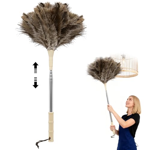 Plumero de avestruz, telescópico, lavable, plumero largo, extensible, 125 cm, para telarañas, eliminación de altas superficies, ventiladores de techo e instalaciones sensibles, antiestático