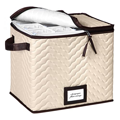 Hold N’ Storage Wine Glass Storage Box With Dividers – Holds 12 Champagne Flutes Up To 10” H – Protects Fine China - Durable Quilted Microfiber Bin With Dividers And Carry Handles. #TOP6