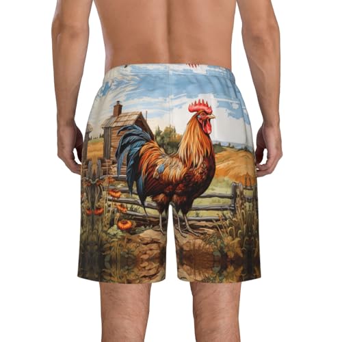 Rooster on Wood in Farmland Print Stylish Beach Shorts Swim Trunks Lightweight Breathable Summer Outdoor Activities3