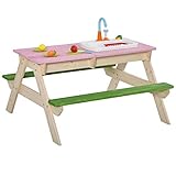 VIELSEITIG: Die Bretter neben dem Waschbecken können entfernt werden. Darunter befindet sich ein großer Sandkasten für Kinder zum Sandspielen. Mit dem Küchenspielzeug können die Kinder gemeinsam Rollenspiele auf dem Tisch spielen, um die Beziehung zu fördern.
