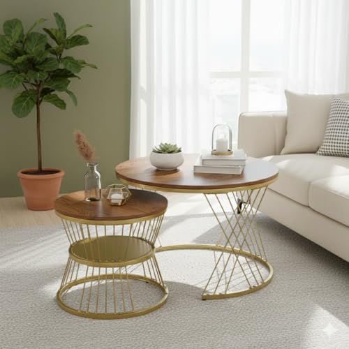 Image of The Round Coffee Table and The Stacking Tea Table with a Gold Metal Frame are Two Versatile Modern Center Tables that Look Great in Living Rooms (X Brown Gold)