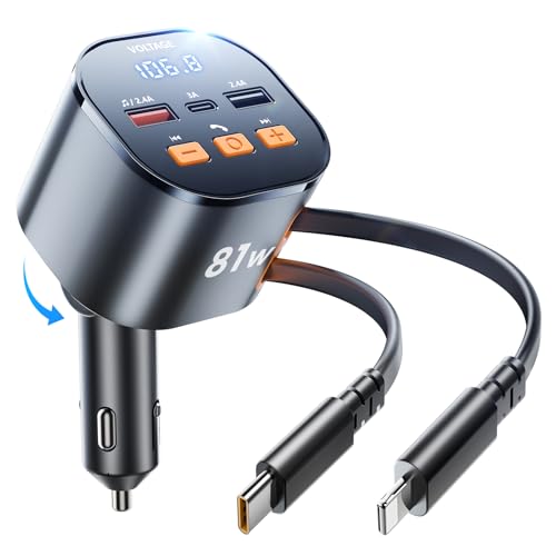 SUPERONE Bluetooth 5.3 Car Adapter with Retractable Charger PD 30W, FM Transmitter Radio Receiver, Handsfree Calling & Audio Receiver, MP3 Music Player, LED Display Hands-Free Calling Support USB