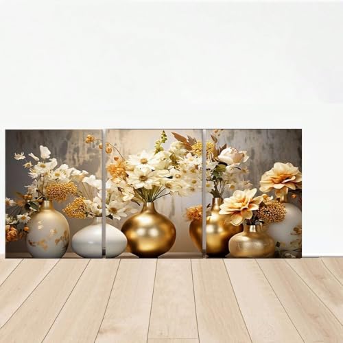 Ensemble de 3 toiles décoratives vase floral abstrait 40x60