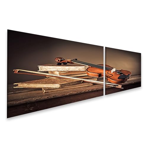 islandburner WTD - Lienzo decorativo (160 x 40 cm, 2 piezas), diseño de violín con libros antiguos sobre mesa de madera