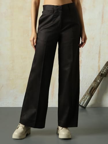 Image of High Star Women High Rise Solid Regular Length Wide Leg Casual Trousers