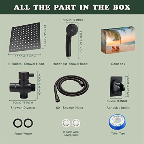 Shower Head With Handheld, High Pressure 8'' Rainfall Stainless Steel With On/Off Pause Switch Combo With Hose,Adhesive Shower Head Holder (Square Matte Black) … #TOP2