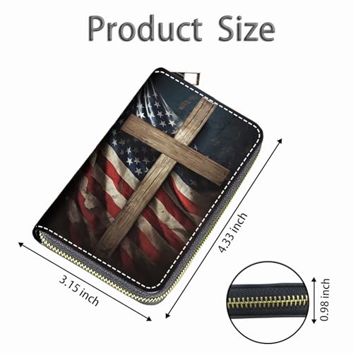 Credit Card Holder Wallets for Women, Small RFID Wallet Slim Leather Card Organizer Case with Zipper, American Flag Holy Cross2