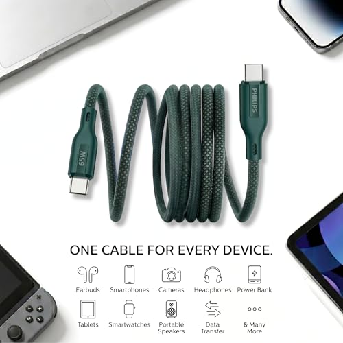 Image of PHILIPS DLC4160CT /94 65W Type-C to Type-C Fast Charging Cable (2m, Crystal Teal) | Nylon Braided | Compatible with iPhone 15+ Series, USB-C iPad Models, Samsung Galaxy & All Type C Devices