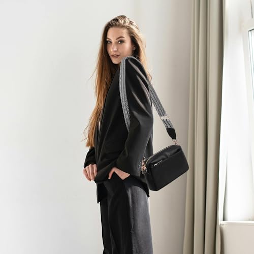 Image of VOROLO Crossbody Bag Small Leather Triple Zip Crossbody Purse Shoulder Bag with Ajustable Strap for Women Black with Rope