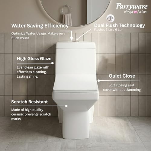 Image of Parryware SUTRA Washdown One-Piece Western Commode | S Trap 220mm One Piece Western Toilet (680 x 360 x 710 mm) / Rim Washdown Flush Commode with Soft Close Toilet Seat Cover (White) | C8965