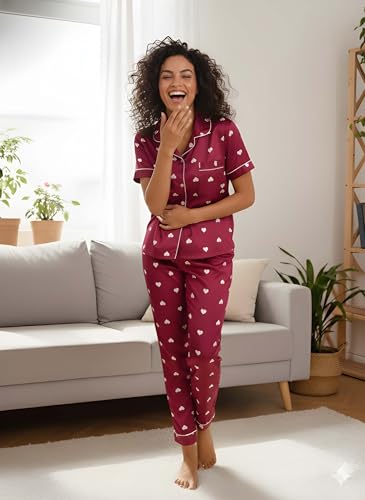 Image of Women's Lycra Heart Printed Night Suit Set of Shirt & Pajama Set Women Night Wear Set,Night Dress for Woman