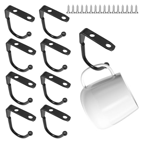 Miiqxx 8 Set Black Cup Hooks, Heavy Duty Under Mug Holder Under Shelf with Screws, Cabinet Hook Mug Hooks for Coffee Cups, Kitchen Utensils, Frying Pans, Etc.