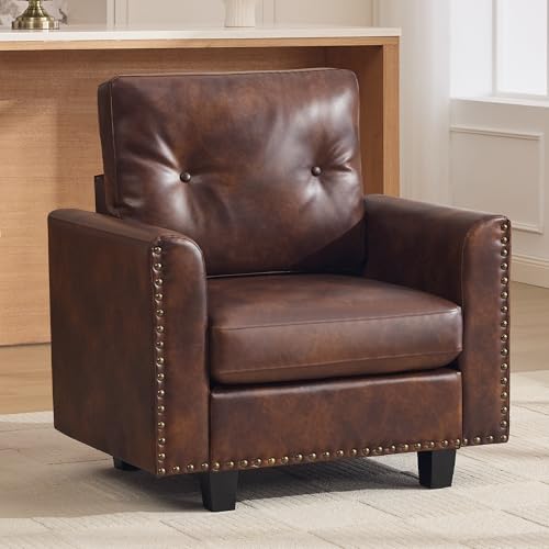 Image of 34.3 inch Faux Leather Modular Sectional Single Couch, Vintage PU Leather Accent Sofa Chairs with Nailhead Trim for Sofas, Mid Century Modern Tufted Chair for Living Room, Bedroom, Office, Brown