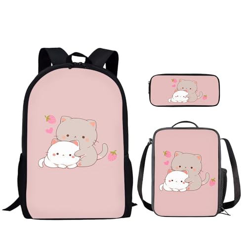 HELLHERO Conjunto de Mochila Escolar com Estampa de Gatinho Adolescentes E Crianças, Inclui Lancheira E Estojo, Mochila com Estampa de Morango, Mochila Escolar de Ombro para Ensino Fundamental E Médio