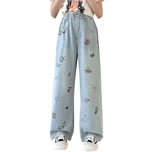 Jeans for Girls Baggy Button Embroidered Wide Leg Denim Pants Elastic Waist Trousers Cute Trendy Streetwear with Pockets