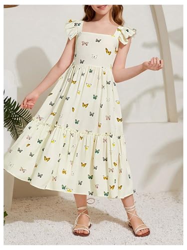 Floerns Girl's Butterfly Print Ruffle Sleeve A Line Dress Square Neck Midi Dress4