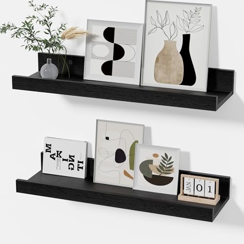 Modcraft Black Floating Shelves with Lip 16 Inch, Wall Mounted Picture Ledge Shelf for Bathroom & Bedroom, Rustic Wood Display Shelf for Photos, Frames & Collectibles, Set of 2