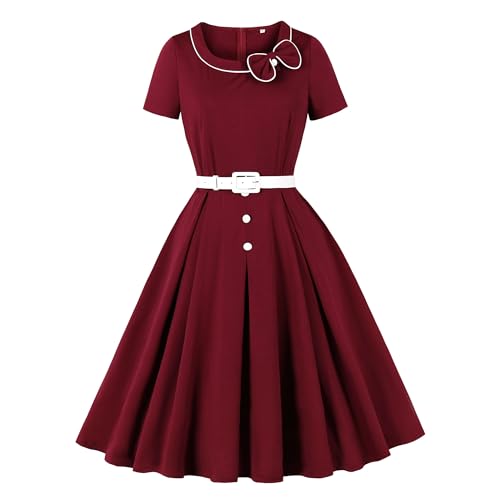 Wellwits Women's Bow Neck Color Block Vintage Cocktail Formal Work Dress Wine Red S