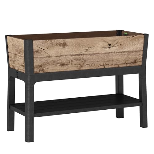 Koll Living Hochbeet 110 Liter | Pflanzkasten in Holzoptik Pinie | wetterfestes Gemüsebeet mit Bewässerungssystem & Ablaufstopfen | ergonomische Arbeitshöhe für Balkon & Garten (113x47x80 cm)