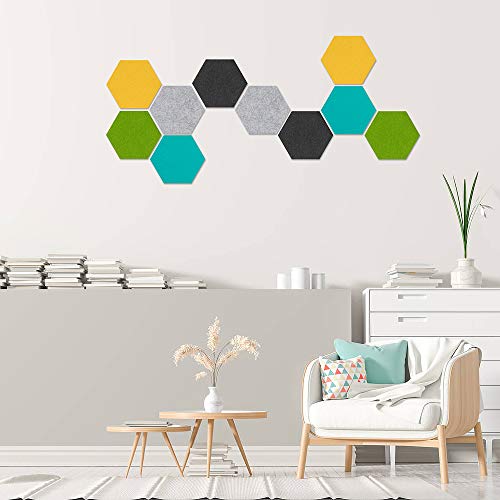 Meetory 10 Packs Felt Board Hexagon Tiles Bulletin Board with 41 Pcs Push Pins Wooden Clips Kit, Wall Stickers Display Board Notice Board for Home Office Classroom Wall Décor