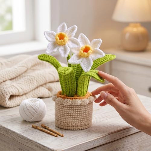 Narcisos de ganchillo regalo artesanal de flor tejida blanca con maceta de hilo 5
