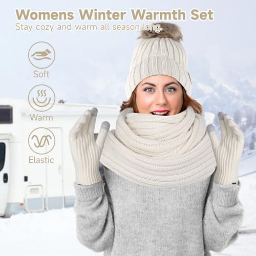 Gorro de invierno para mujer con bufanda y guantes táctiles térmicos 3