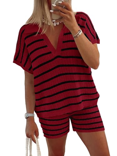 Image of Tankaneo Womens 2 Piece Outfits Striped Knit Summer Sets V Neck Short Sleeve Tops and Shorts Lounge Matching Set