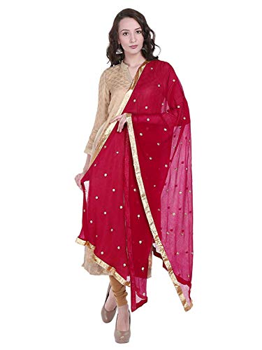 TMS Woman's Embroidered Chiffon Dupatta Scarf Shawl Wrap Soft Indian Bridal Wedding (Dark Pink)