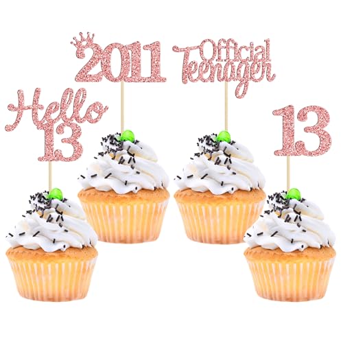 Gyufise 24 Pack 13th Birthday Cupcake Toppers Hello 13 Thirteen Official Teenager Since 2011 Cupcake Picks 13th Birthday Party Cake Decorations Supplies Rose Gold
