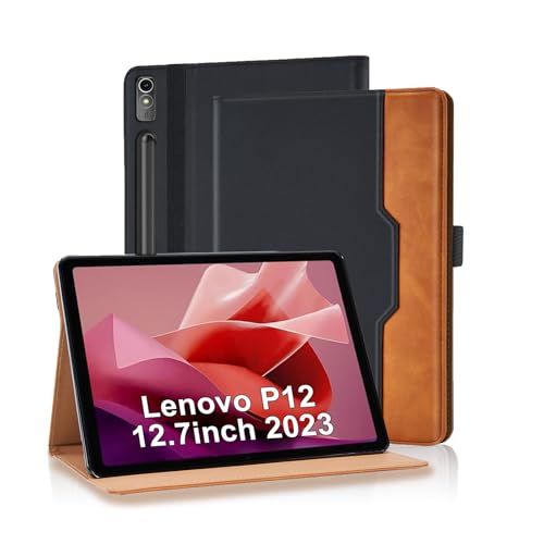 Varohix Case for Lenovo Tab P12 12.7 Inch 2023 (Model:TB370FU) - PU Leather Folio Case Protective Multi-Angle Viewing Stand with Hand Strap Cover for 12.7 inch Lenovo Tab Black