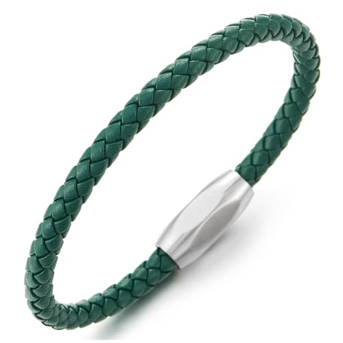 COOLSTEELANDBEYOND Minimalist Mens Women Leather Bracelet, Thin Braided Leather Bangle, Steel Oval Magnetic Clasp