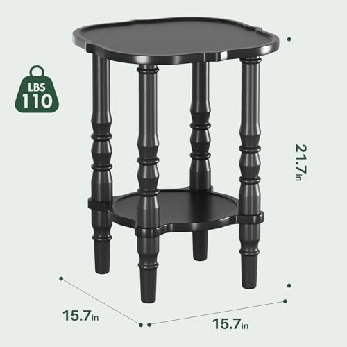 MYOTA Solid Wood End Table Living Room - 21.7" H Small Narrow Square Wooden End Table for Small Spaces, Dark Real Black Solid Wood Vintage Antique Side Bedside Table Nightstand with 2-Tier Storage — view 2