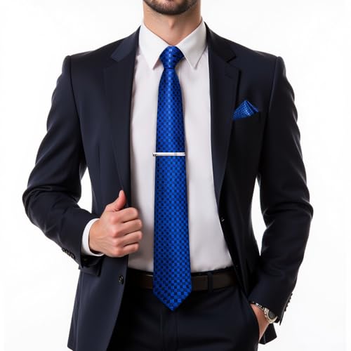 Image of DiBanGu Plaid Ties for Men Silk Checkered Necktie and Pocket Square Cufflinks Tie Clip Set with Gift Box for Wedding Business