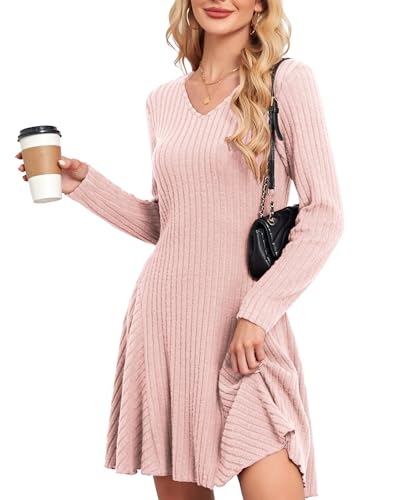 SENBATU Strickkleid Damen Herbst Elegant Pulloverkleid Langarm V-Ausschnitt Winterkleider Hellrosa Klein