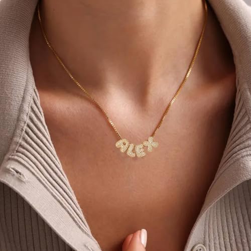 Custom Diamond Bubble 3D Letter Necklace Puffy Personalized Initial Charm with Zircon,18K Gold Plated Dainty Balloon Name Necklace for Women, Handmade Jewelry Gift for Her,Mother's Day2