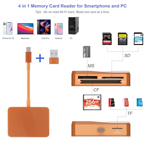 Image of SD Card Reader, 4 in 1 USB C to SD /TF /CF /MS Card Reader with USB to USB C Adapter Memroy Card Reader for iPhone 17 /16 /15 Pro Max iPad Pro MacBook Pro /Air iMac M4 /M3 Android Phone /Tablet PC(TerraCotta)