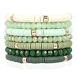 RIAH FASHION Bohemian Multi-Layer Beaded Stacking Statement Bracelets - Versatile Stretch Sparkly Crystal Beads Wrap Slip-on Bangle Set (Sparkly & Coin Bead Ombre 7 Layer - Olive)